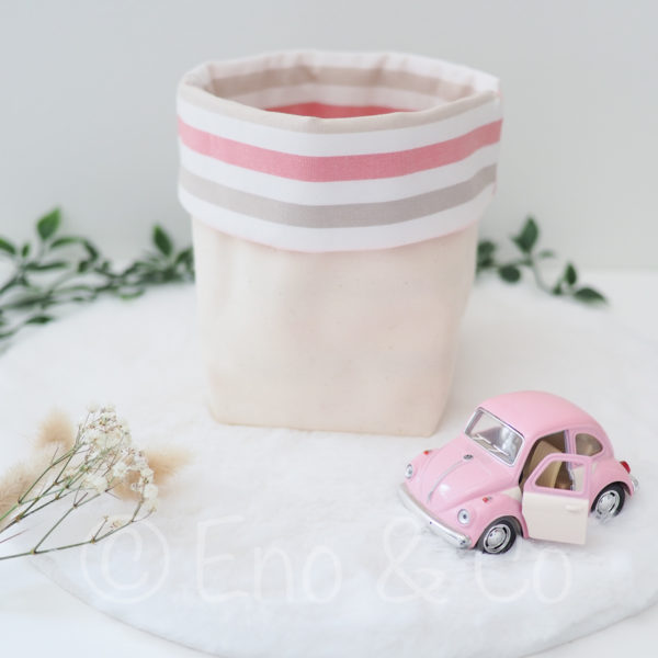 Panier rangement a rayures roses et beige