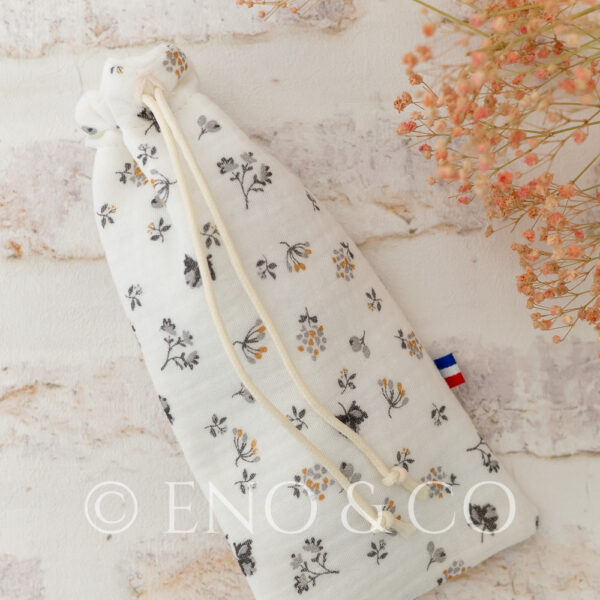 ETUI SOUPLE À LUNETTES EN DOUBLE GAZE DE COTON BEIGE A FLEURS GRISES ET MOUTARDES