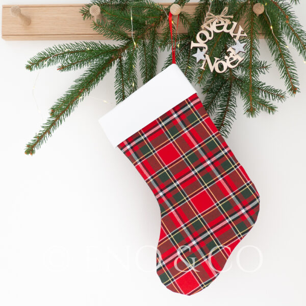 Grande chaussette de Noel à personnaliser grand tartan rouge et or