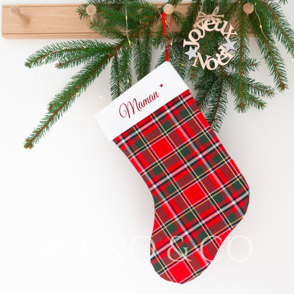 Grande chaussette de Noël personnalisable grand tartan rouge et or