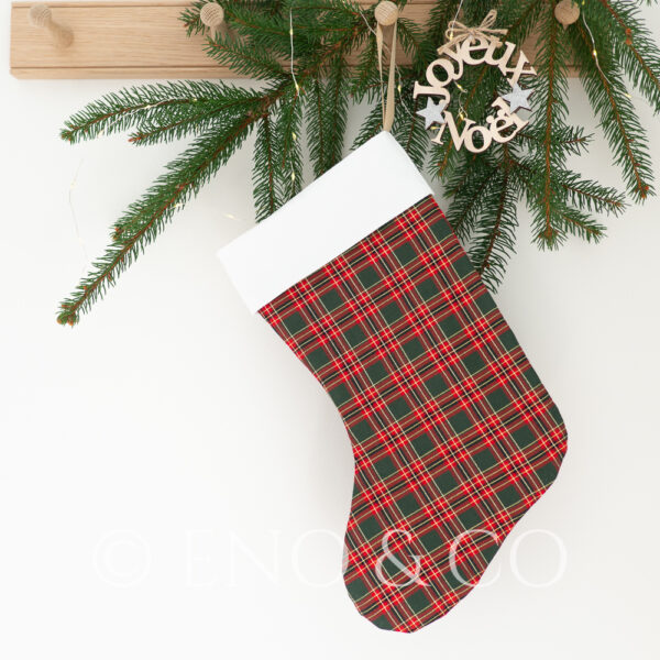 Grande chaussette de Noel à personnaliser petit Tartan vert et or