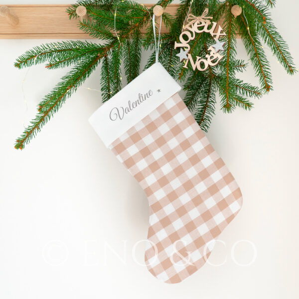 Grande chaussette de noël personnalisable vichy beige