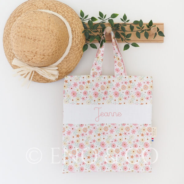 Sac Bibliothèque pour enfant Pâquerettes roses et pois blancs