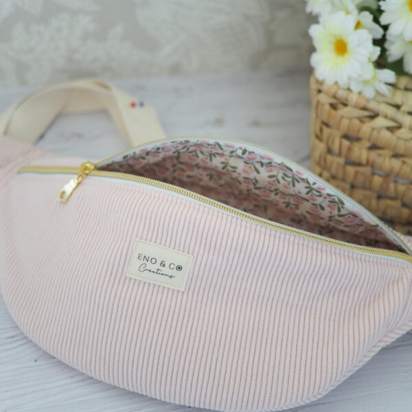 Sac Banane XL en velours côtelé rose poudré intérieur fleuri rose